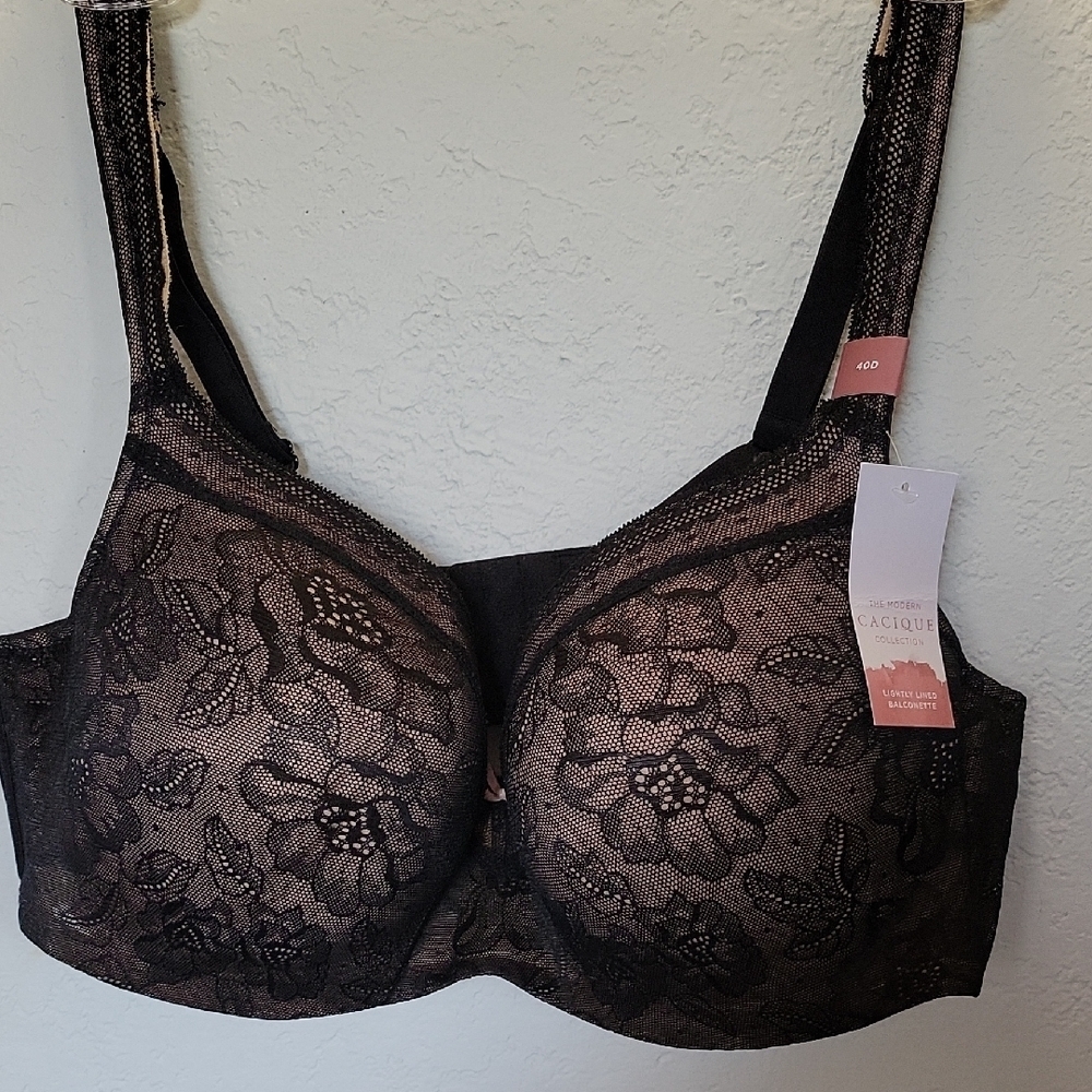 Cacique Black and Tan Floral Lace Bra New Size 40D
